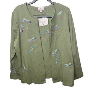 Quacker Factory2 In 1 Sweater Womens XL Green With Embroidered Dragonflies XL